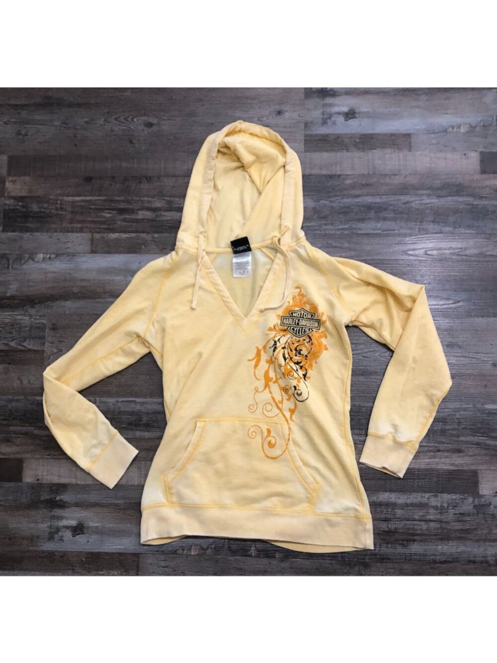 Harley-Davidson Womens Large Yellow V Neck Hoodie Graphic Sweatshirt